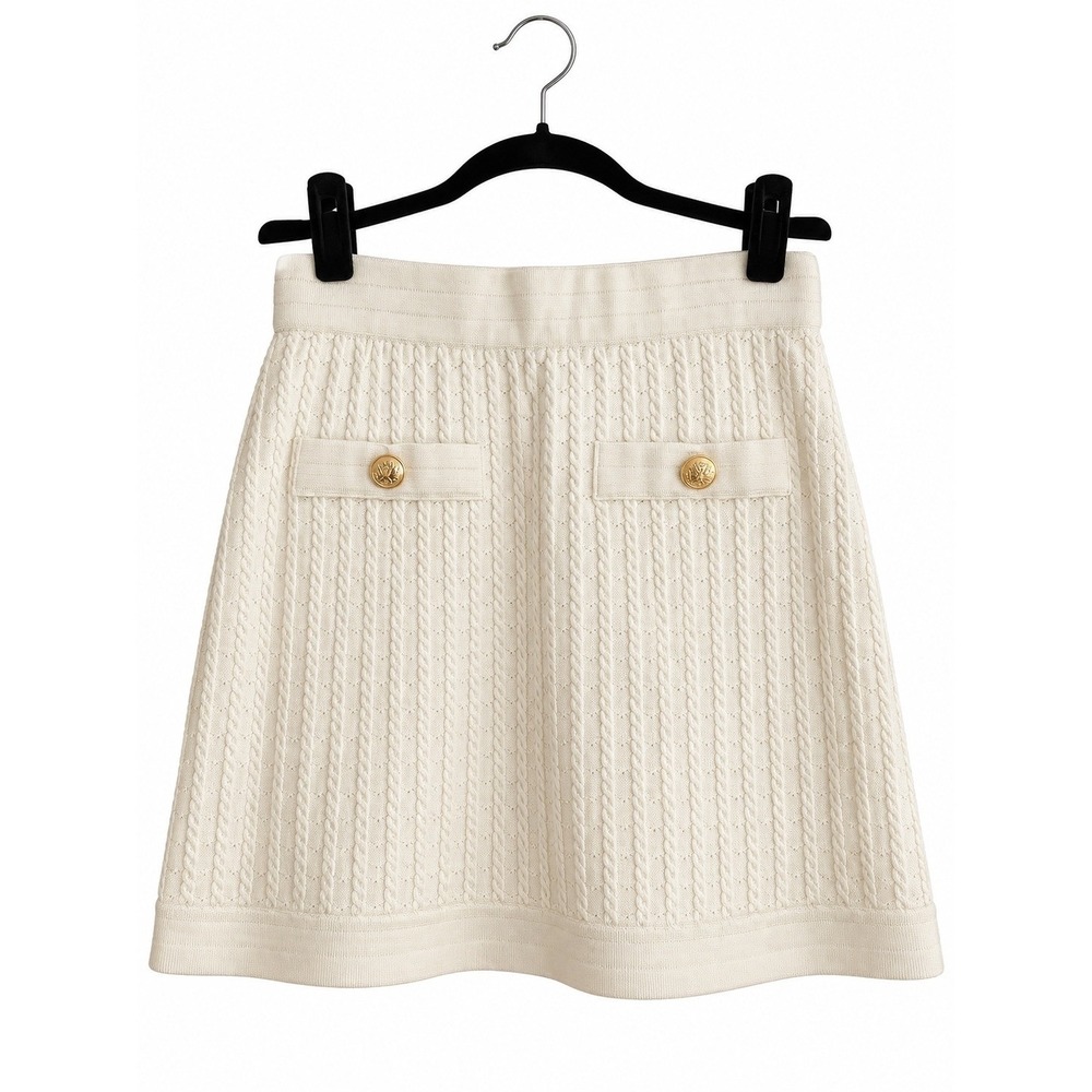 Paola Bernardi Angelina Off White Cable Knit Gold Button Mini Skirt Size M